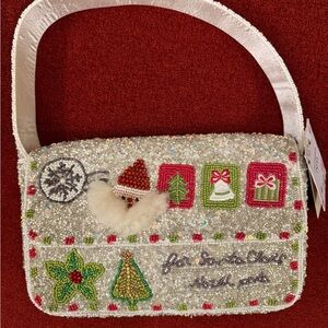 NWT Santa Claus North Pole Christmas Winter White Beaded Bag Made in India New